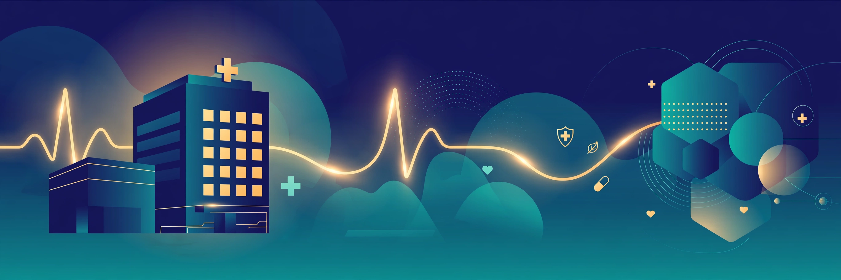 Illustration of a hospital building with a glowing heartbeat line
